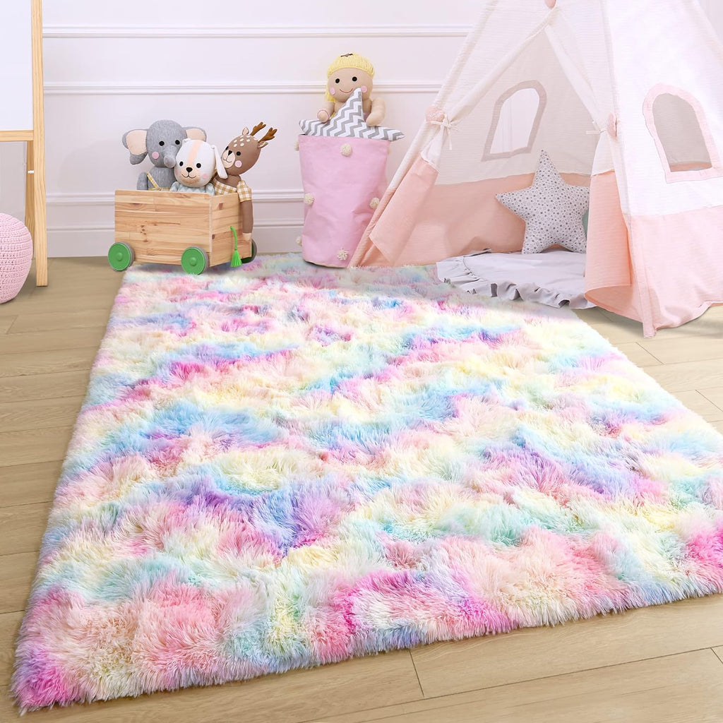 Fluffy Rainbow Shag Rug - FunMomCoolKid